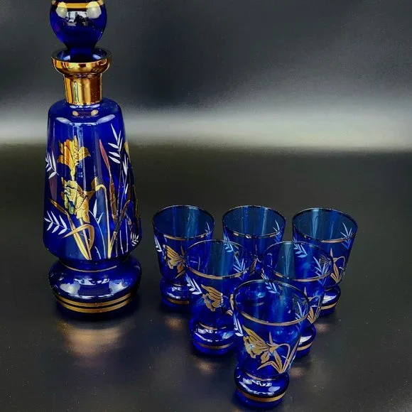 Dining | Vintage Bohemian Cobalt Blue Decanter Wine Glass Set 8 Pieces |  Poshmark